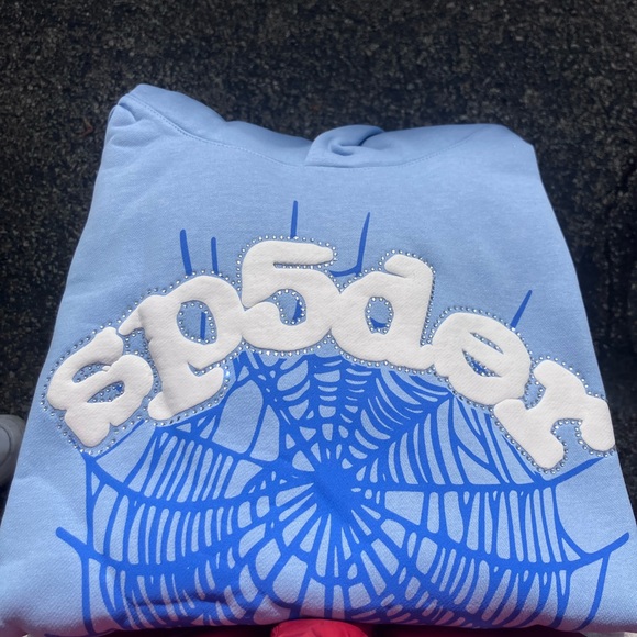 Blue V-Neck Sweater with Spider Web Design